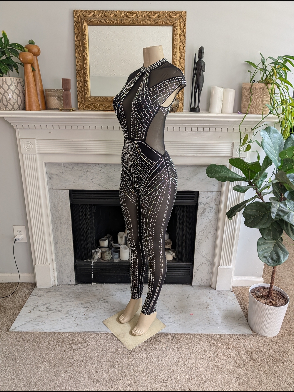 Fashion Nova Sheer Black Rhinestone Yara Bodysuit Size S Mesh Stretch Rave Bling - Picture 4 of 12